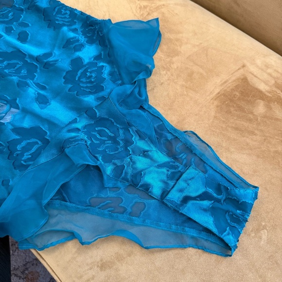 Vtg Victoria’s Secret Gold Label Satin Bodysuit Emerald Green Floral Ruffle L - Picture 9 of 9